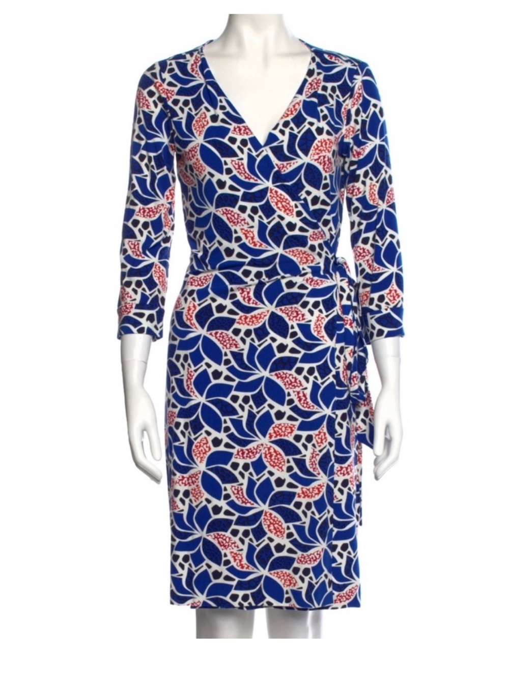 Classic DVF Blue Floral Wrap Dress with Red Accents size 6